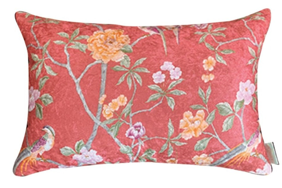 Blush Chinoiserie Crushed Velvet Cushion Cover