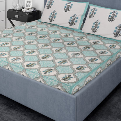 Zoya Turquoise 100% Cotton Bedsheet with 2 Pillow Covers - King Size, 108 in x 93 in