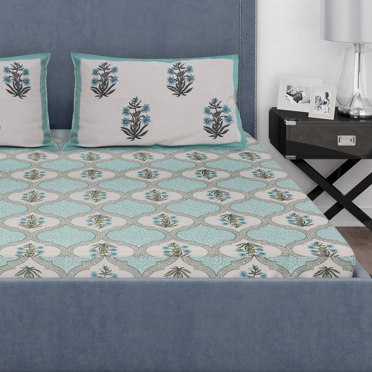 Zoya Turquoise 100% Cotton Bedsheet with 2 Pillow Covers - King Size, 108 in x 93 in