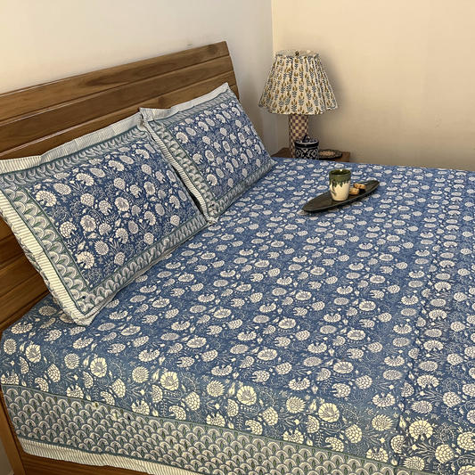 Mehn Blue 100% Cotton Bedsheet with 2 Pillow Covers - King Size, 108 in x 93 in