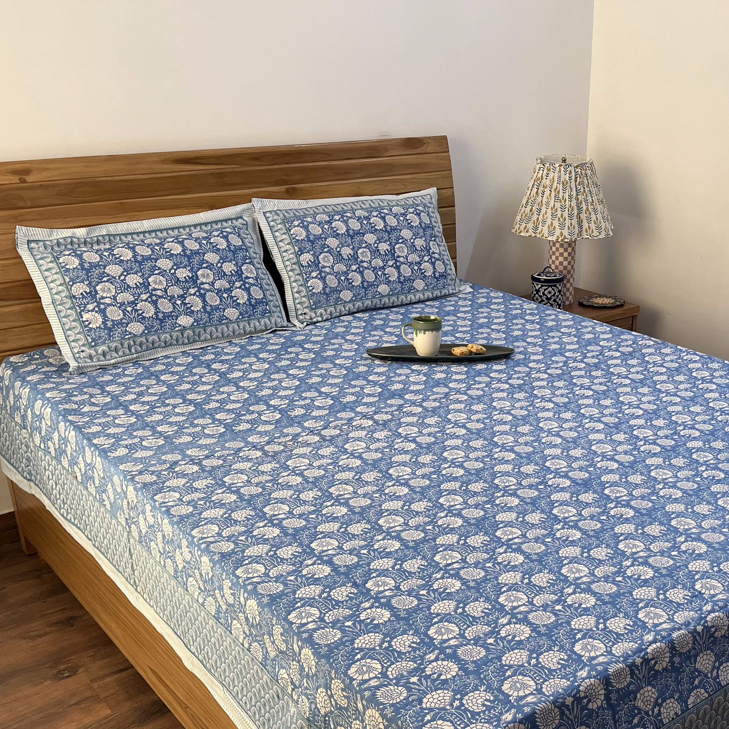 Mehn Blue 100% Cotton Bedsheet with 2 Pillow Covers - King Size, 108 in x 93 in