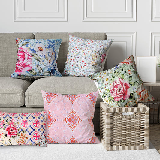 Rose 4 Fabric Cushion Cover Set (Pink, Blue and White, 3 -16 x 16 Inch and 1 -18 x12 Inch)