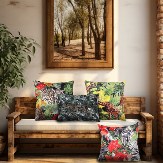 Multicolour Jungle Collection Fabric Cushion Cover Set (4 Piece, Blue and White -3X16 ix 16 inch - 1x18 x12inch)