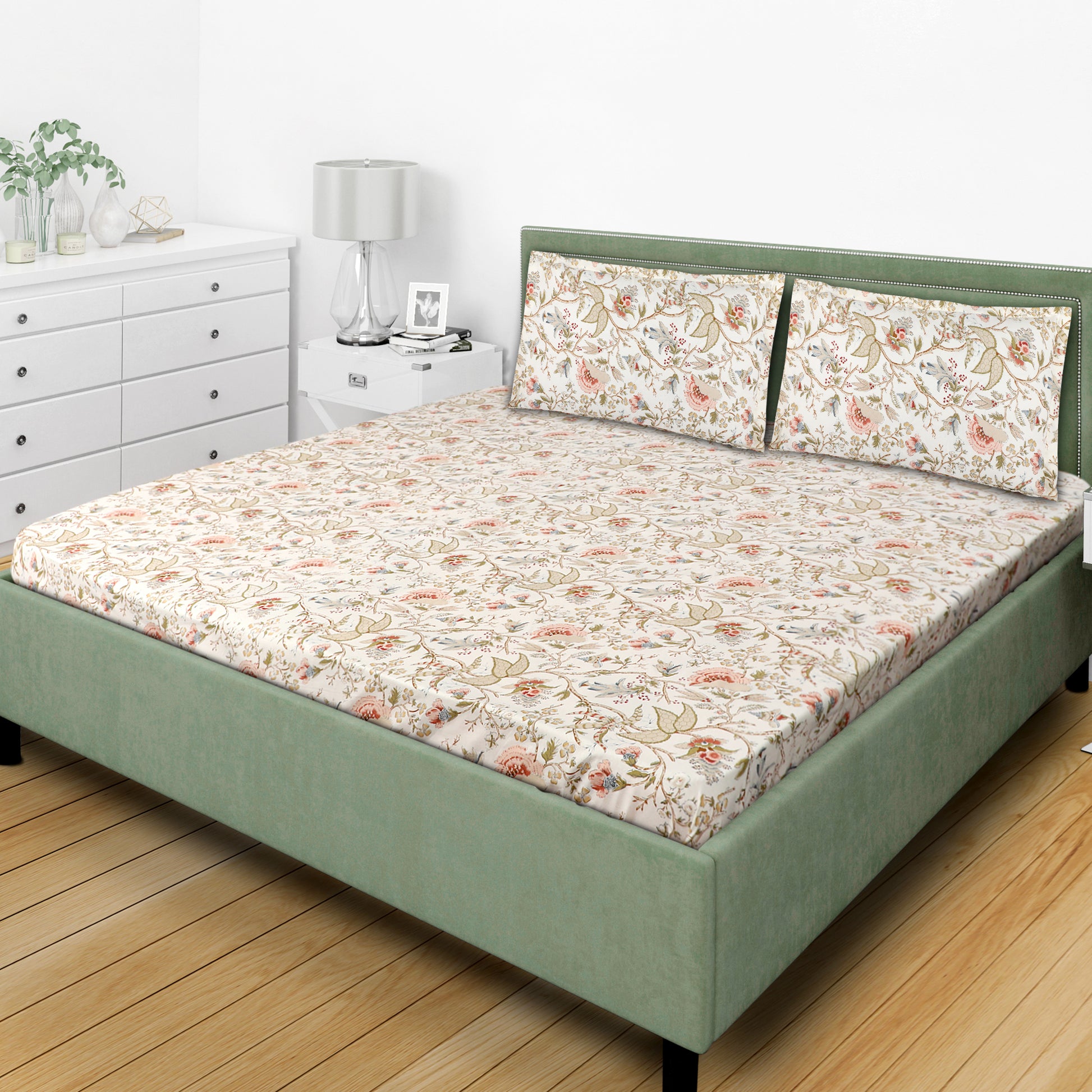 Ojas Cotton Printed Orange & Green Dual Sided Bedding Set