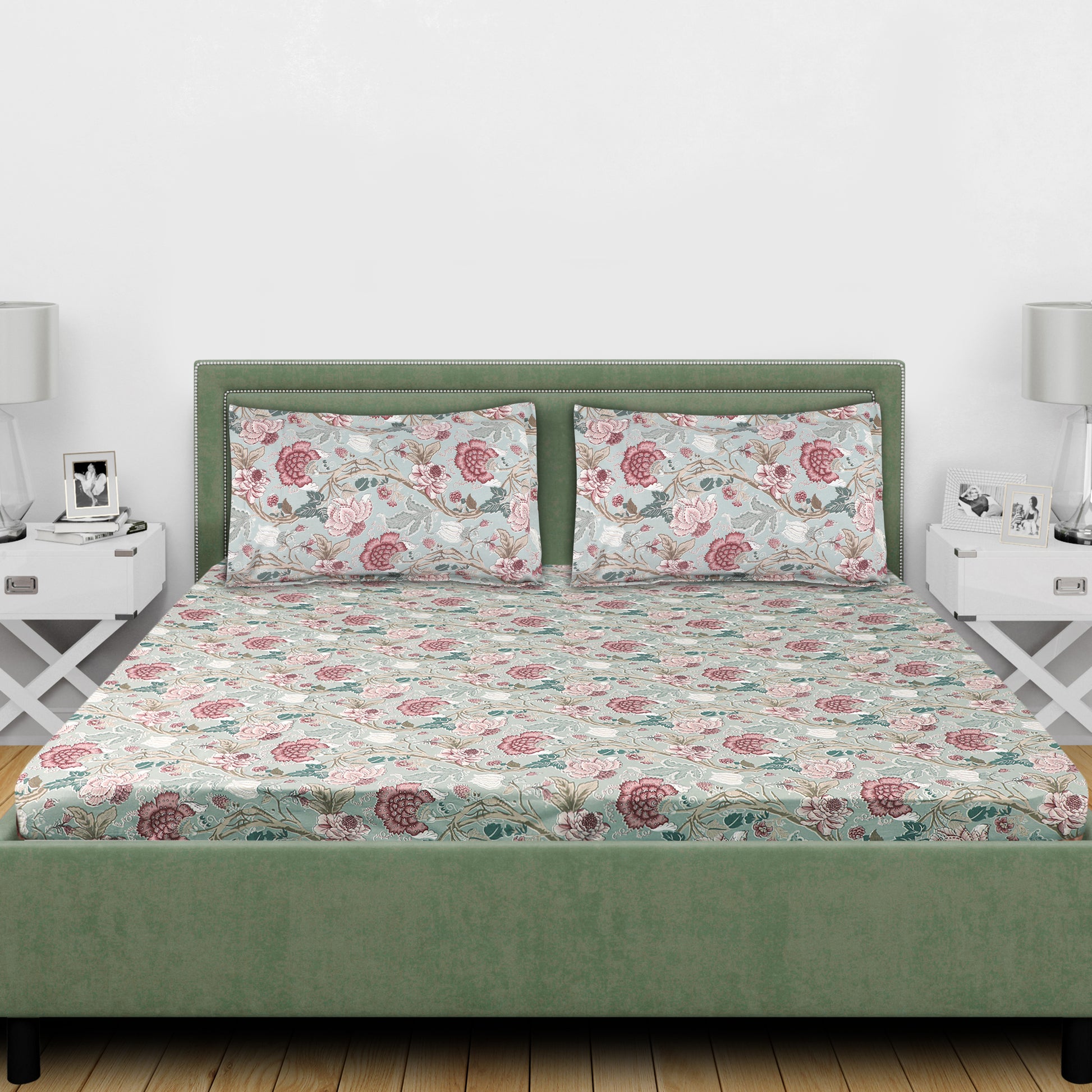 Cotton Printed Mud Green Dual Sided Bedding Set