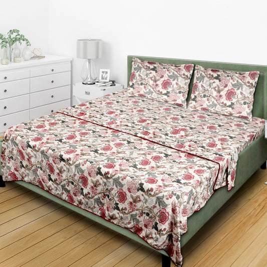 Fiza Cotton Printed Cream & Red Dual Sided Bedding Set