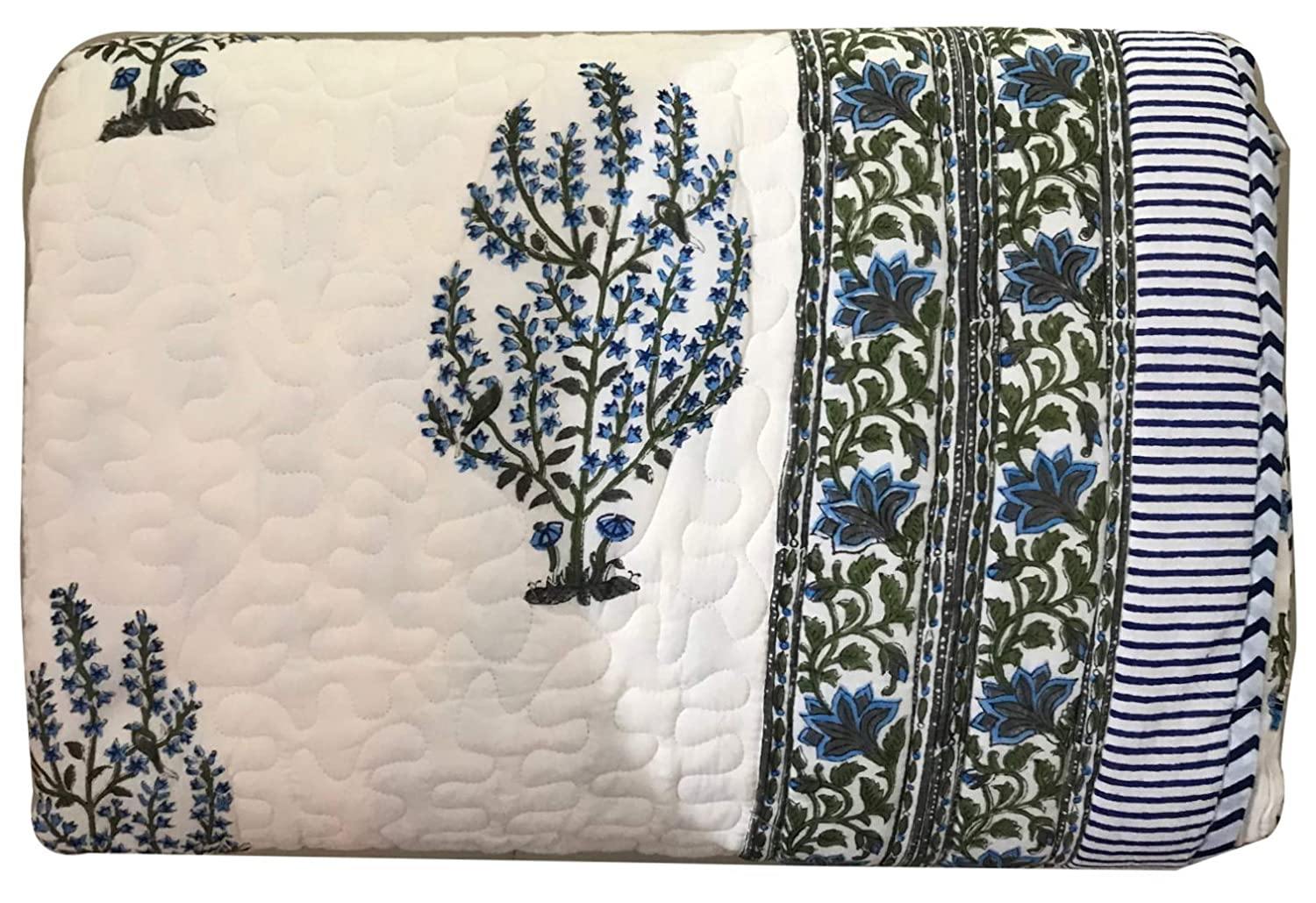 Panache Fine Cotton Pique Blockprint King Size Bedsheet + 2 Pilllow Covers - Tasseled Home