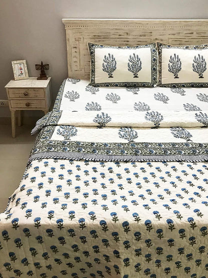 Panache Fine Cotton Pique Blockprint King Size Bedsheet + 2 Pilllow Covers - Tasseled Home