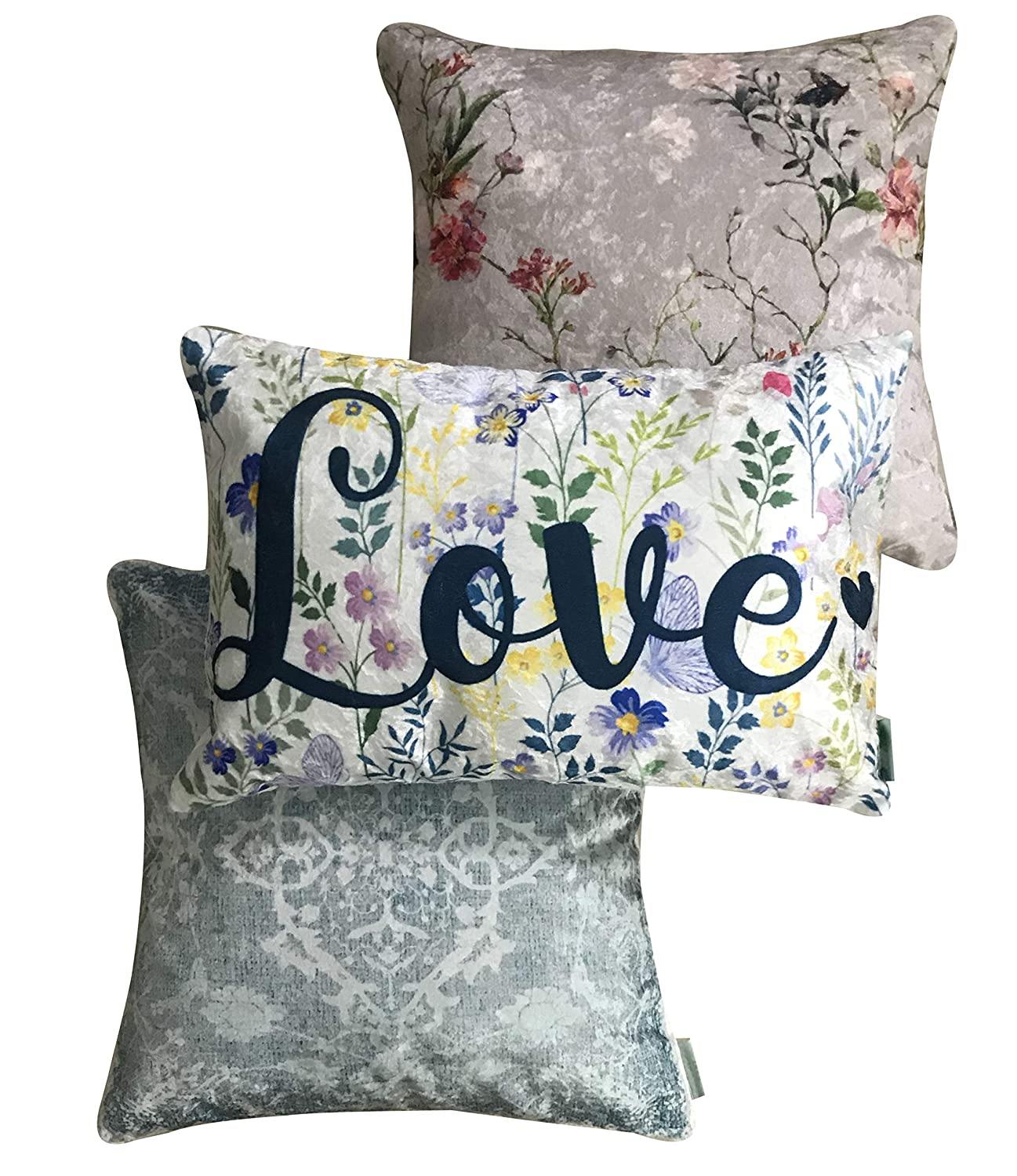 Love 3 Velvet Cushion Cover Set (Blue and White, 2-16 x 16 Inch, 1-18 x12 Inch) - Tasseled Home