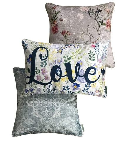 Love 3 Velvet Cushion Cover Set (Blue and White, 2-16 x 16 Inch, 1-18 x12 Inch) - Tasseled Home