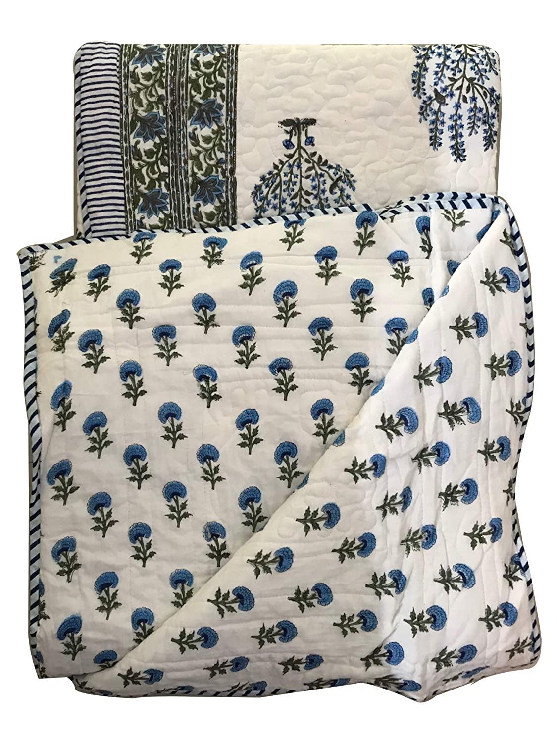 Panache Fine Cotton Pique Blockprint King Size Bedsheet + 2 Pilllow Covers - Tasseled Home