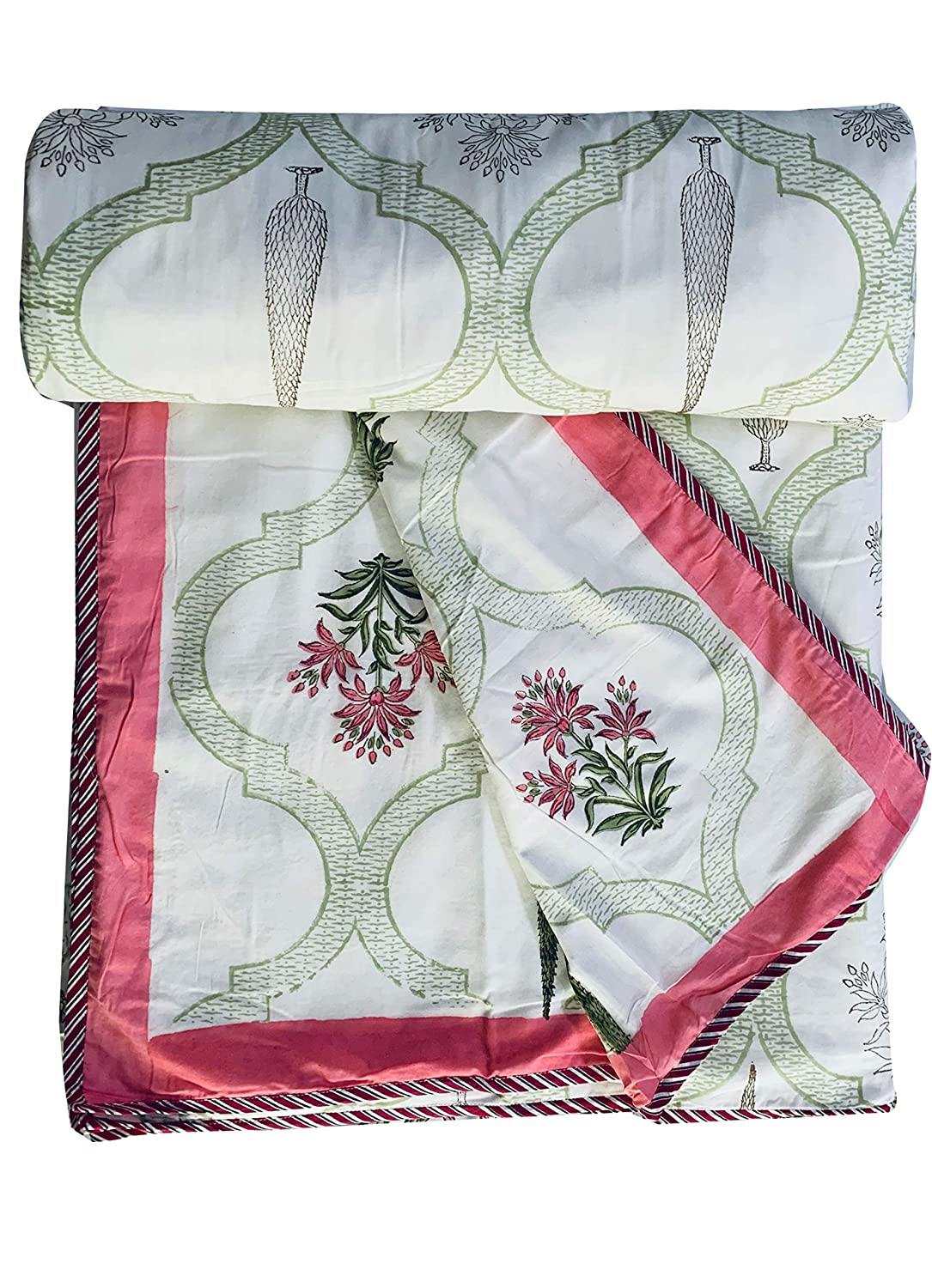 Meher Premium Cotton Hand Block Printed Off White & Green Dual Sided Bedding Set (Bedsheet+2 Pillow Cover+ Dohar/AC Duvlet/Comforter), Super King Size - Tasseled Home