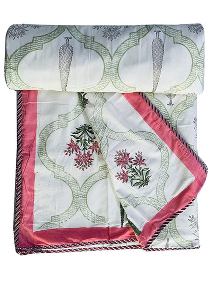 Meher Premium Cotton Hand Block Printed Off White & Green Dual Sided Bedding Set (Bedsheet+2 Pillow Cover+ Dohar/AC Duvlet/Comforter), Super King Size - Tasseled Home