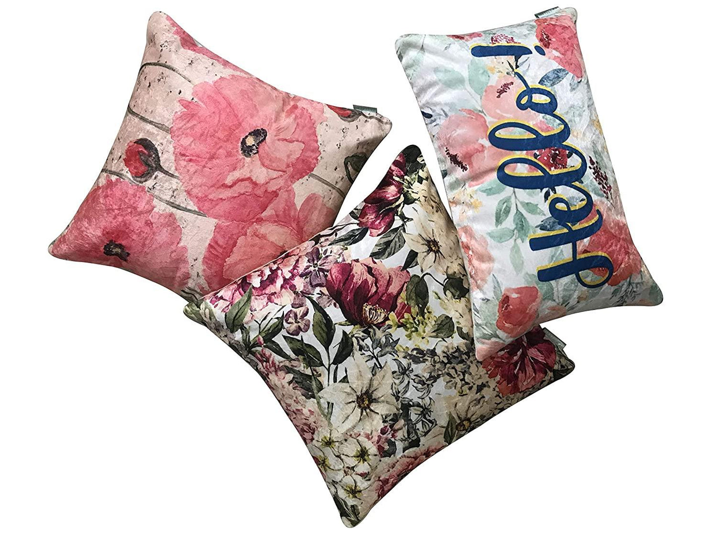 Hello Collection Velvet Cushion Cover (Multicolour, 2-16 in x 16in, 1-12 x 18 inch) - Tasseled Home