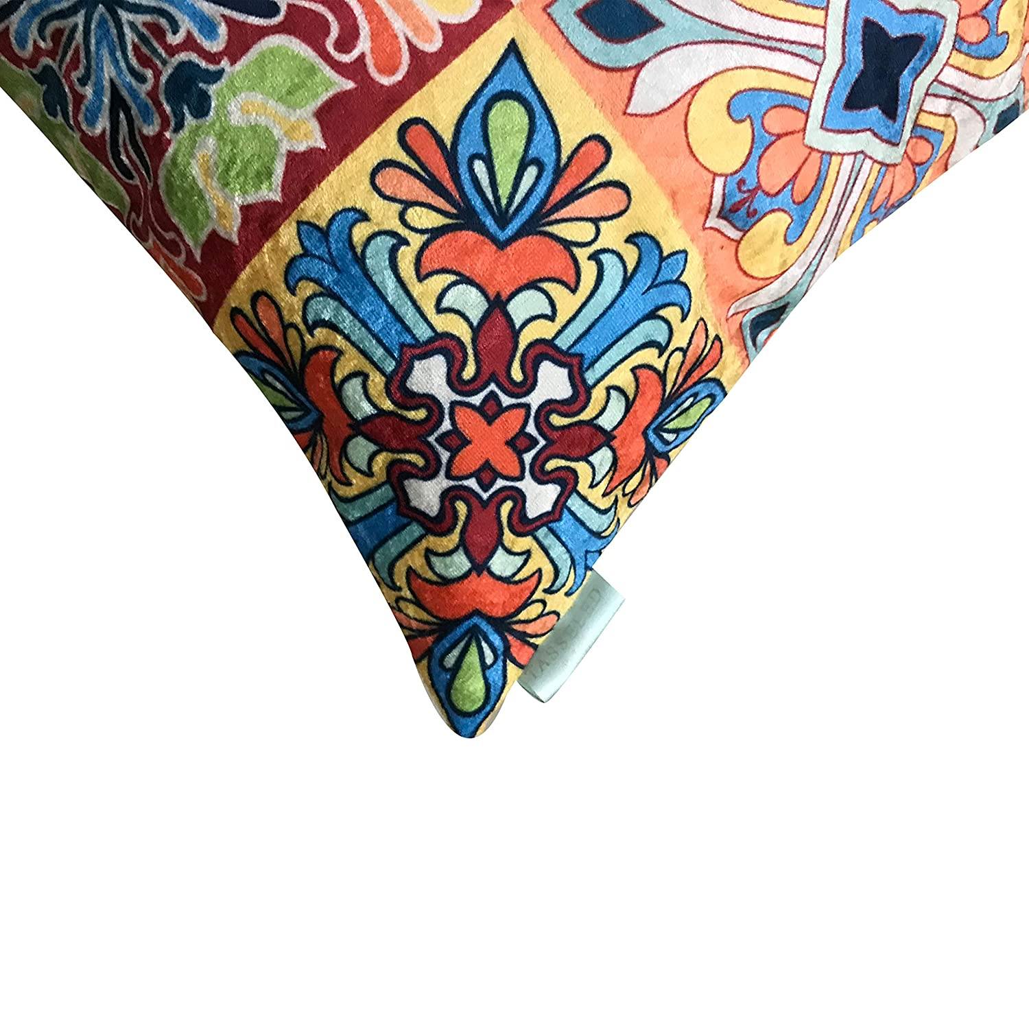 Moroccan 5 Velvet Cushion Cover Set (Blue, Red and White, 3-16 x 16 Inch, 2-18 x12 Inch) - Tasseled Home