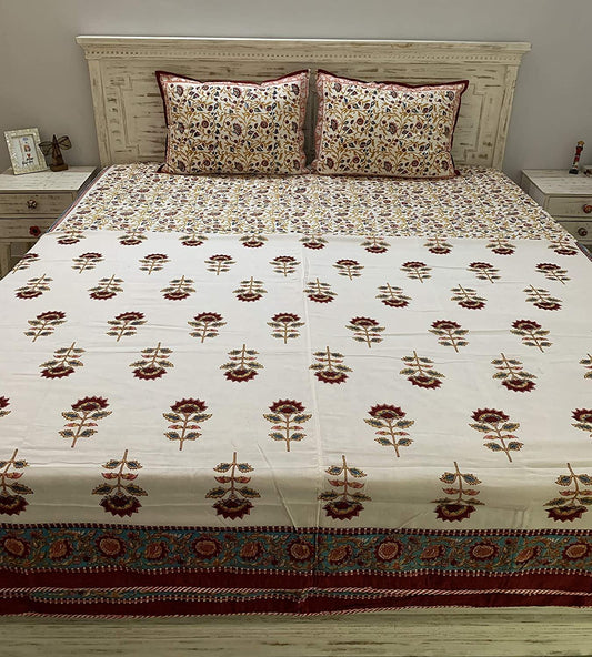 Firdaus 100% Cotton Hand Block Printed Red & White Dual Sided Bedding Set, King Size - Tasseled Home