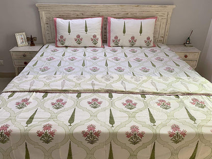 Meher Premium Cotton Hand Block Printed Off White & Green Dual Sided Bedding Set (Bedsheet+2 Pillow Cover+ Dohar/AC Duvlet/Comforter), Super King Size - Tasseled Home