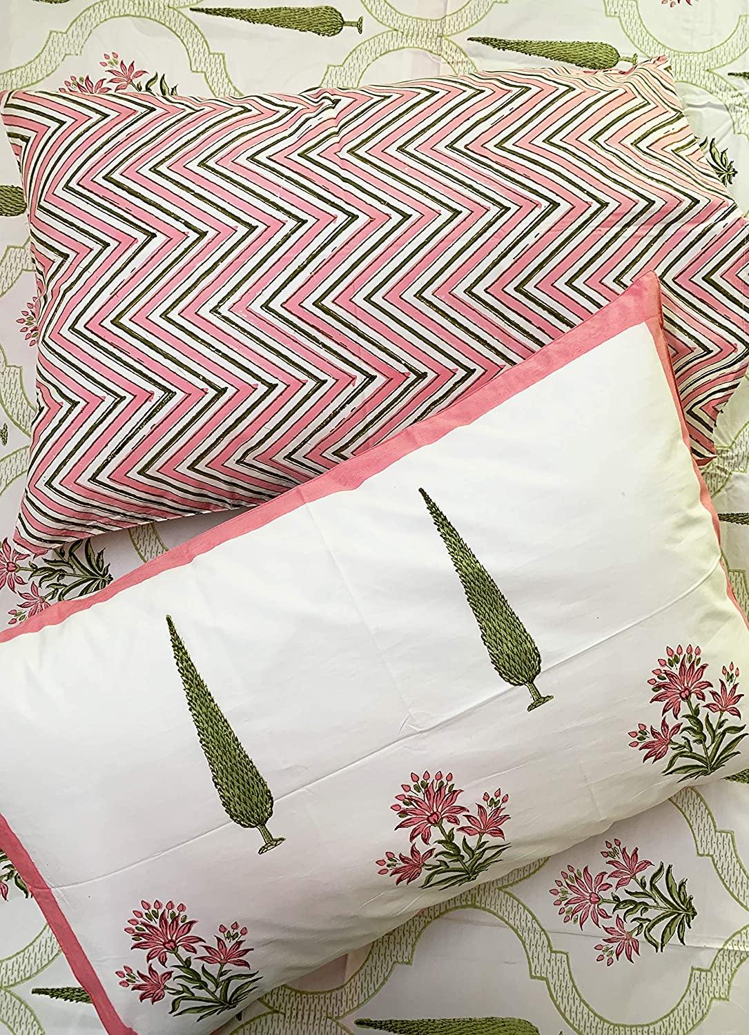 Meher Premium Cotton Hand Block Printed Off White & Green Dual Sided Bedding Set (Bedsheet+2 Pillow Cover+ Dohar/AC Duvlet/Comforter), Super King Size - Tasseled Home