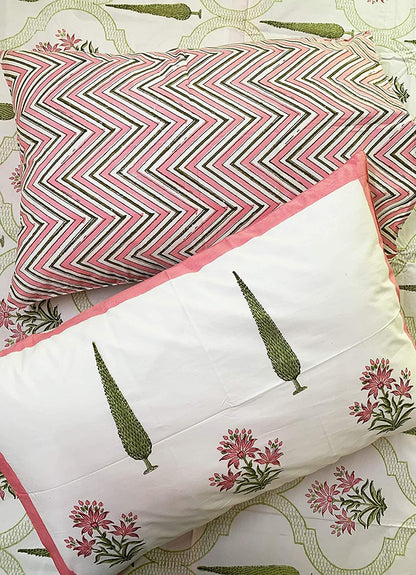 Meher Premium Cotton Hand Block Printed Off White & Green Dual Sided Bedding Set (Bedsheet+2 Pillow Cover+ Dohar/AC Duvlet/Comforter), Super King Size - Tasseled Home