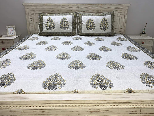 Heer 100% Cotton Hand Block Print Grey & Mustard Bedsheet