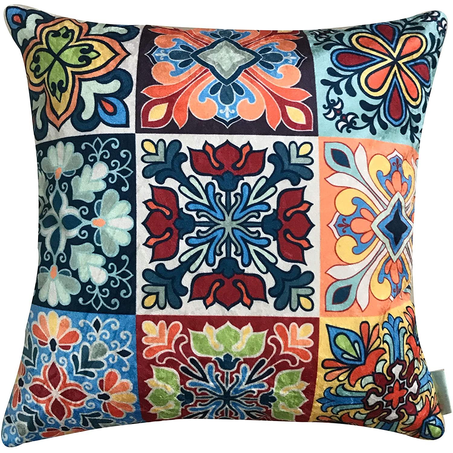 Moroccan 5 Velvet Cushion Cover Set (Blue, Red and White, 3-16 x 16 Inch, 2-18 x12 Inch) - Tasseled Home