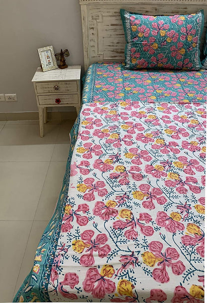 Gulmohar 100% Cotton Hand Block Printed Blue & White Reversible Bedding Set, King Size - Tasseled Home