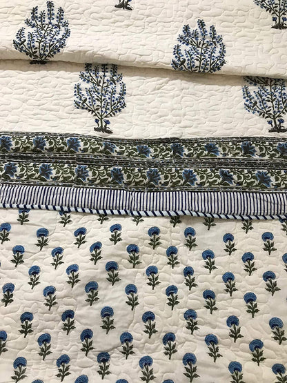 Panache Fine Cotton Pique Blockprint King Size Bedsheet + 2 Pilllow Covers - Tasseled Home