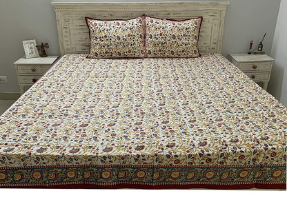 TH Tasseled Home Firdaus 100% Cotton Hand Block Print Red & White Bedsheet (Bedsheet + 2 Pillow Covers), King Size - Tasseled Home