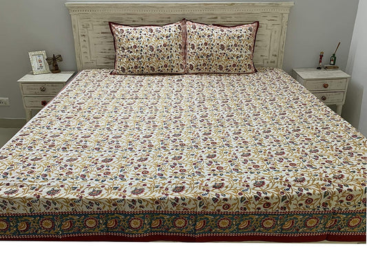 TH Tasseled Home Firdaus 100% Cotton Hand Block Print Red & White Bedsheet (Bedsheet + 2 Pillow Covers), King Size - Tasseled Home