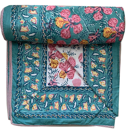 Gulmohar 100% Cotton Hand Block Printed Blue & White Reversible Bedding Set, King Size - Tasseled Home