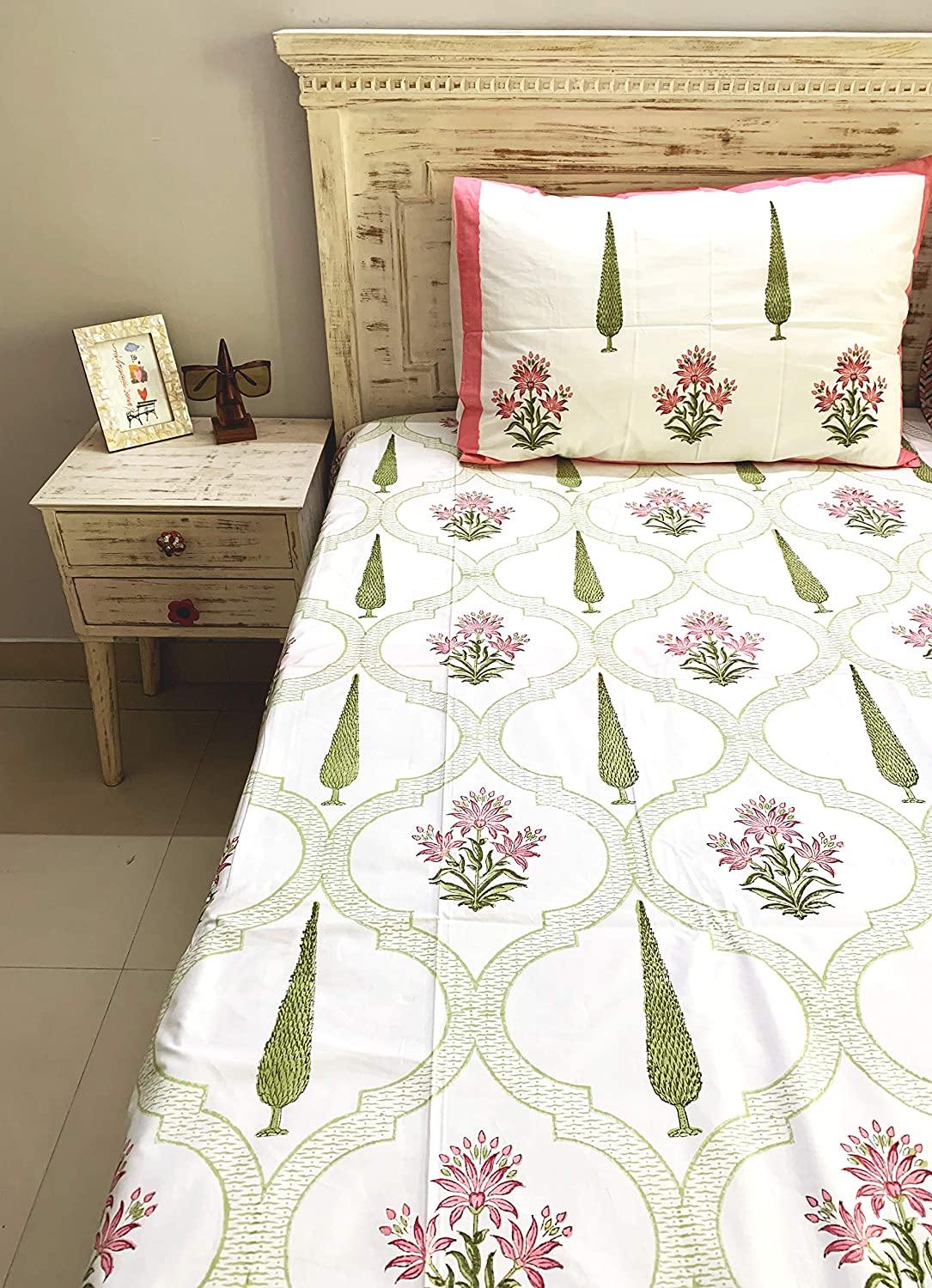 Meher Premium Cotton Hand Block Printed Off White & Green Dual Sided Bedding Set (Bedsheet+2 Pillow Cover+ Dohar/AC Duvlet/Comforter), Super King Size - Tasseled Home
