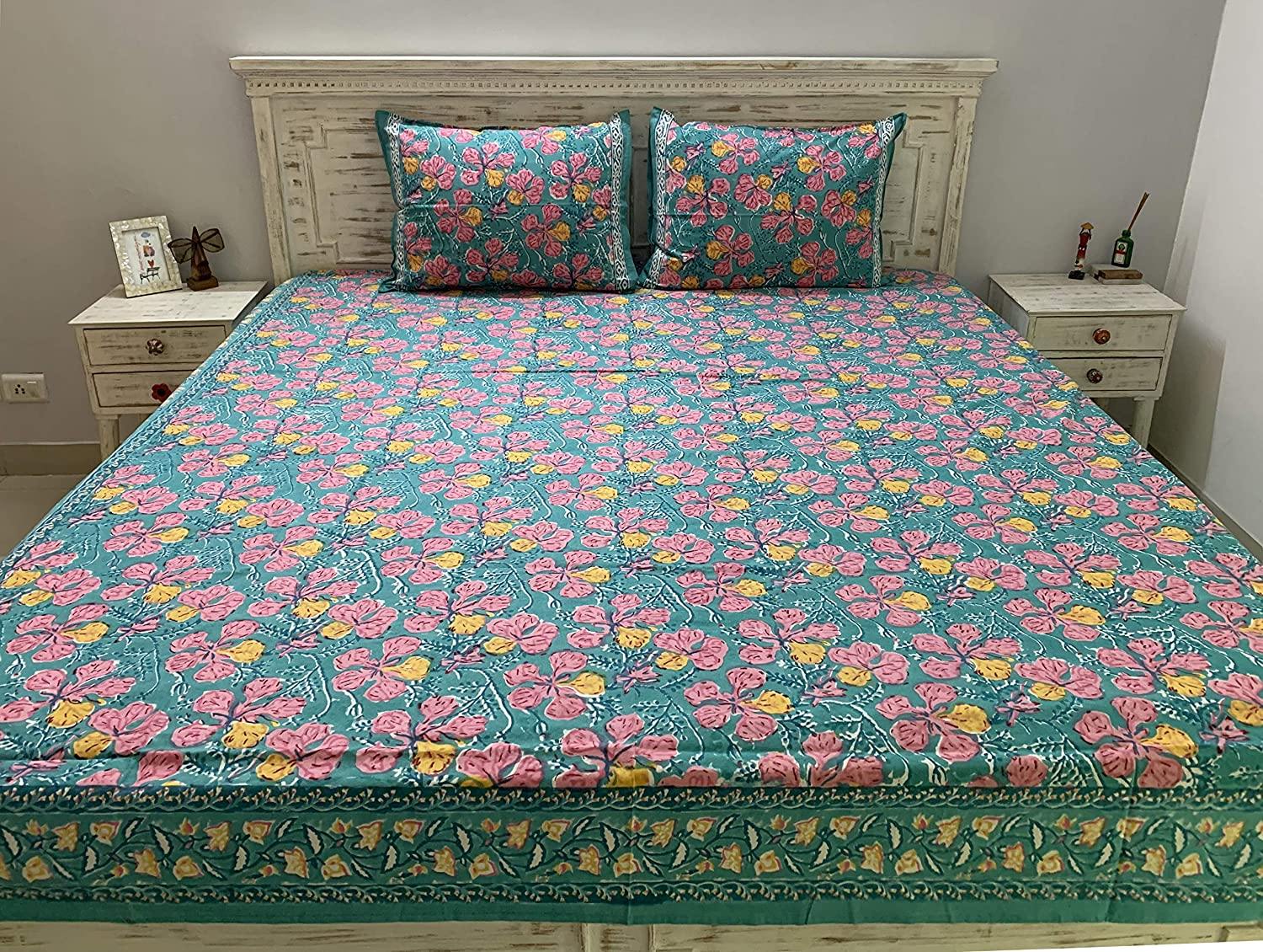Gulmohar Cotton Hand Block Printed Blue & White Reversible Bedding Set