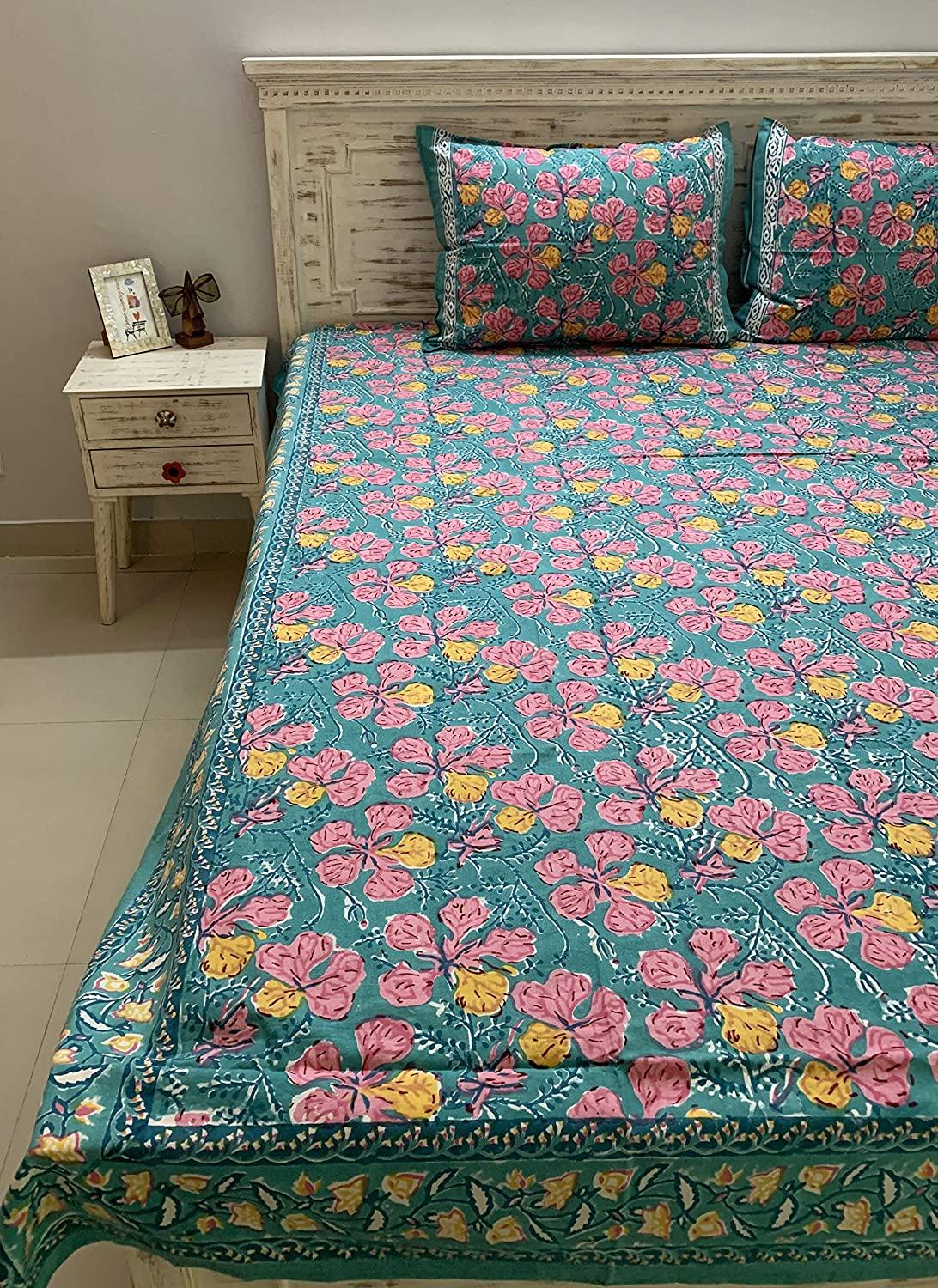 Gulmohar 100% Cotton Hand Block Printed Blue & White Reversible Bedding Set, King Size - Tasseled Home