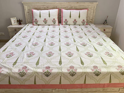 Meher Premium Cotton Hand Block Printed Off White & Green Dual Sided Bedding Set (Bedsheet+2 Pillow Cover+ Dohar/AC Duvlet/Comforter), Super King Size - Tasseled Home