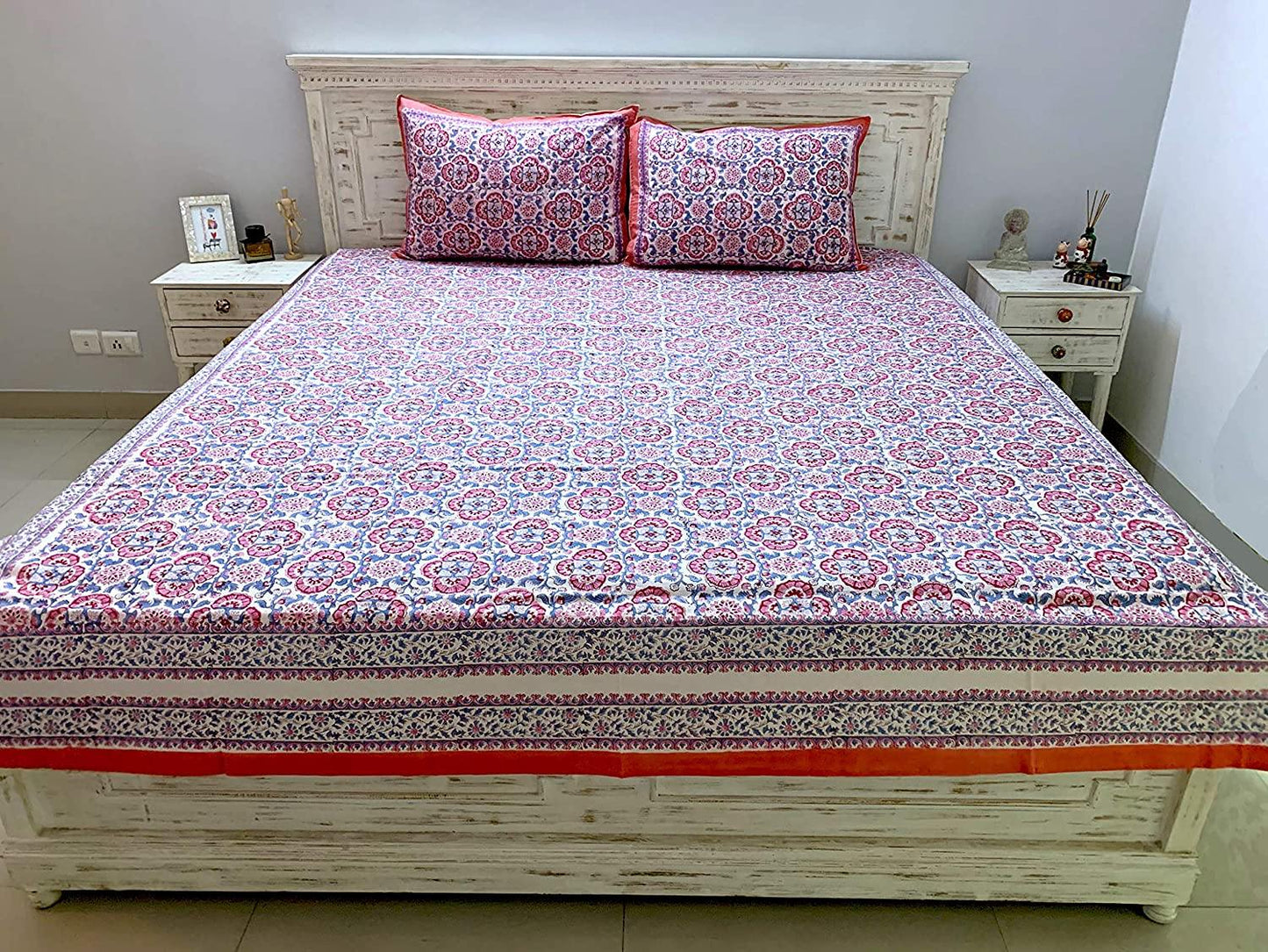 Gul 100% Cotton Hand Block Print Red & Blue Bedsheet