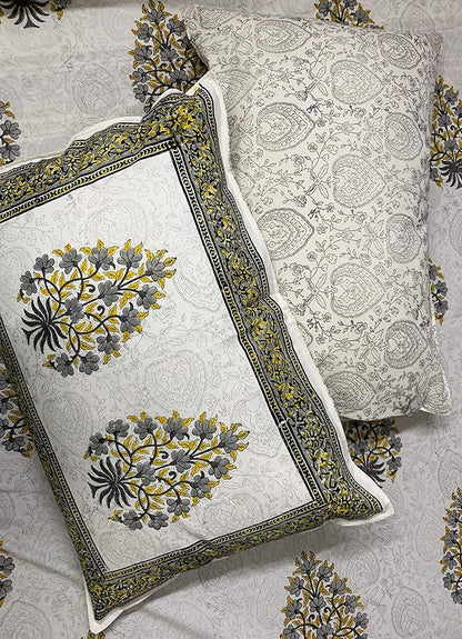 Heer 100% Cotton Hand Block Print Grey & Mustard Bedsheet (Bedsheet + 2 Pillow Covers), King Size - Tasseled Home