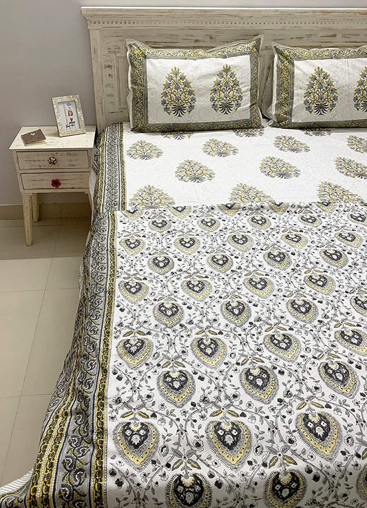 Heer 100% Cotton Double Sided Reversible Off White Hand Block Print Dohar/Duvet/Comforter, King Size (Off White, Grey & Mustard)