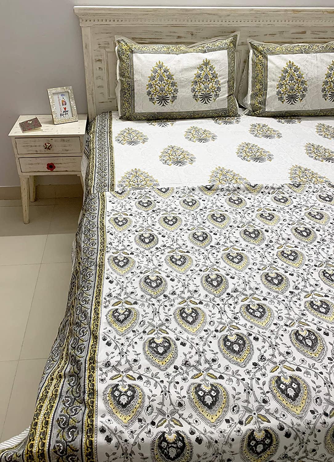 Heer Cotton Hand Block Printed Grey & Mustard Dual Sided Bedding Set