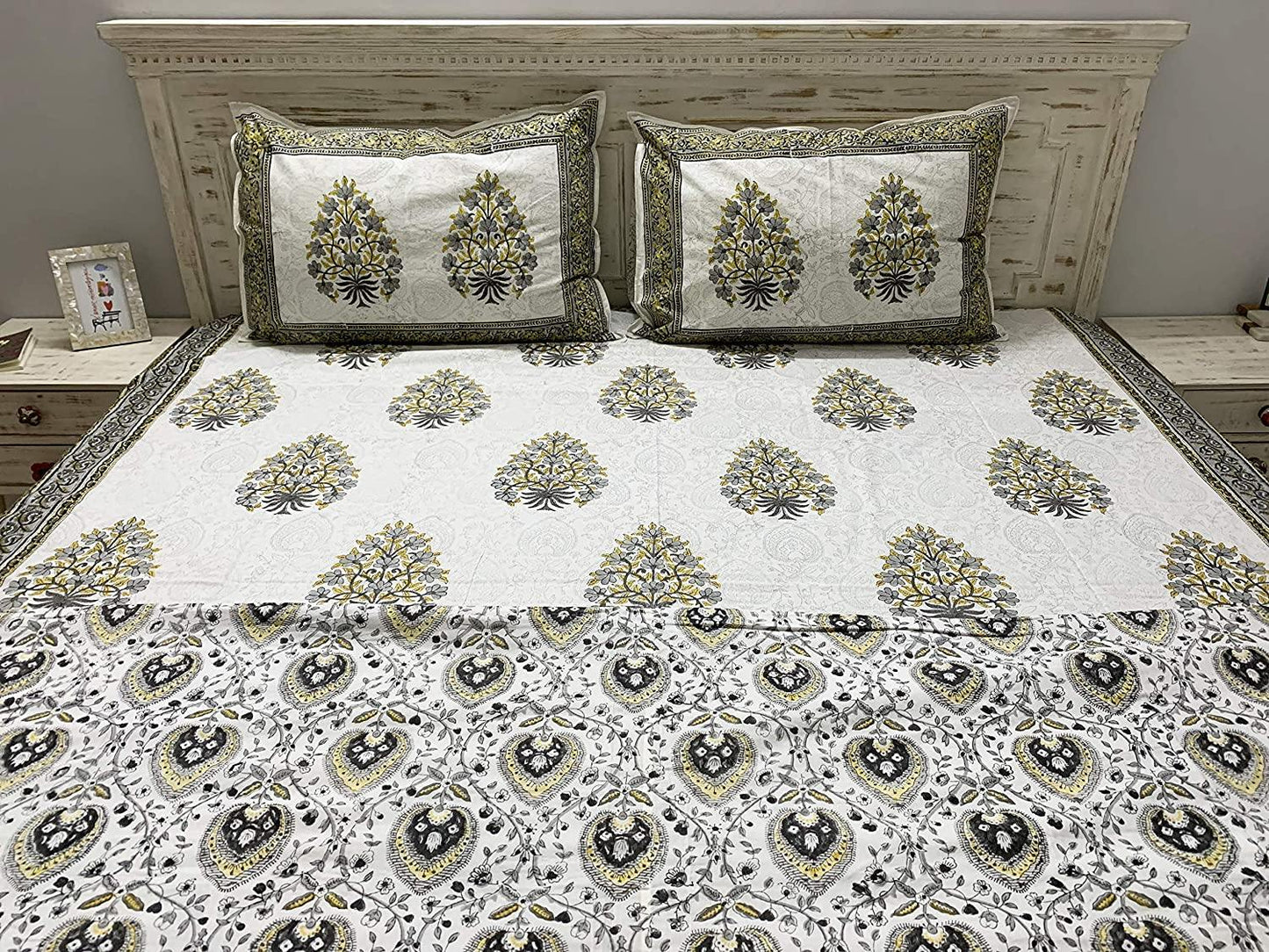 Heer 100% Cotton Hand Block Printed Grey & Mustard Dual Sided Bedding Set, King Size - Tasseled Home