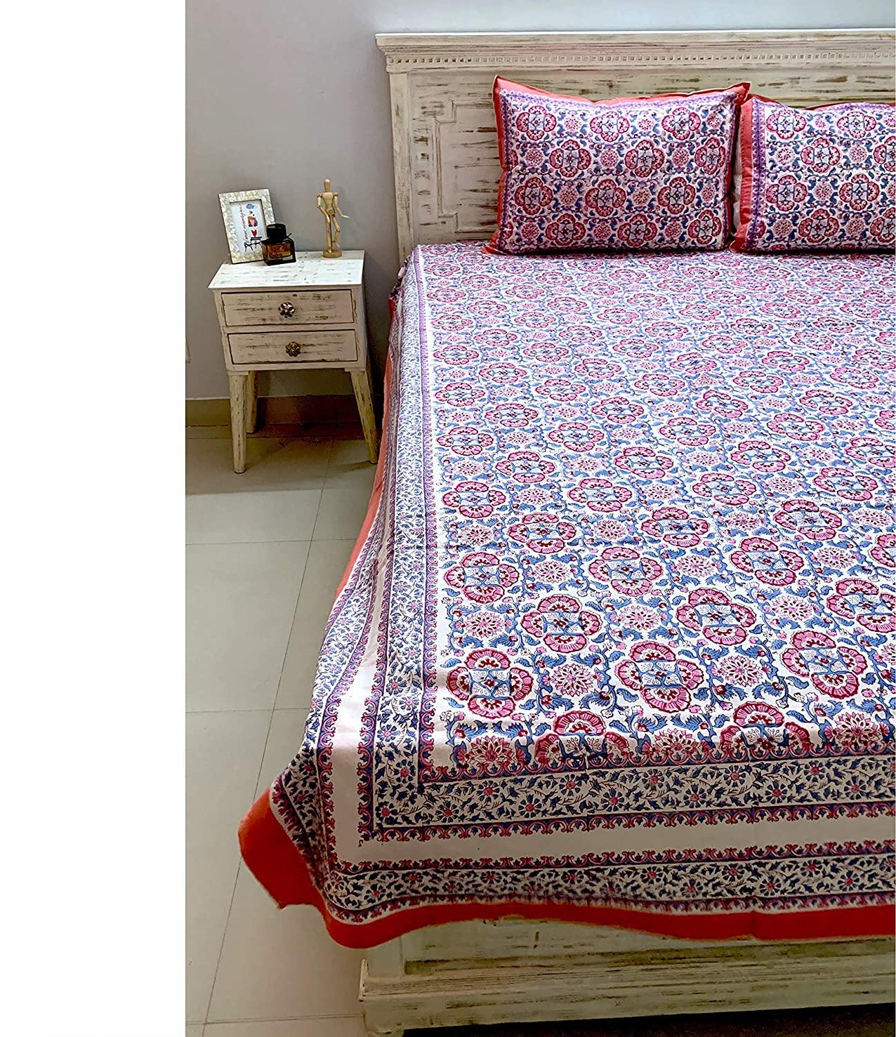 Gul Cotton Hand Block Print Red & Blue Bedsheet 