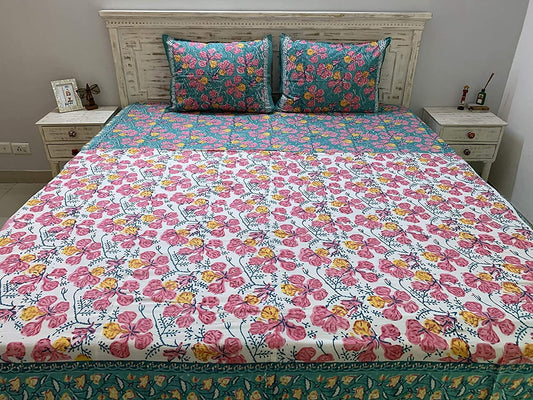 Tasseled Home Gulmohar 100% Cotton Hand Block Printed Blue & White Reversible Dohar/Quilt / AC Duvlet/ AC Comforter, King Size 