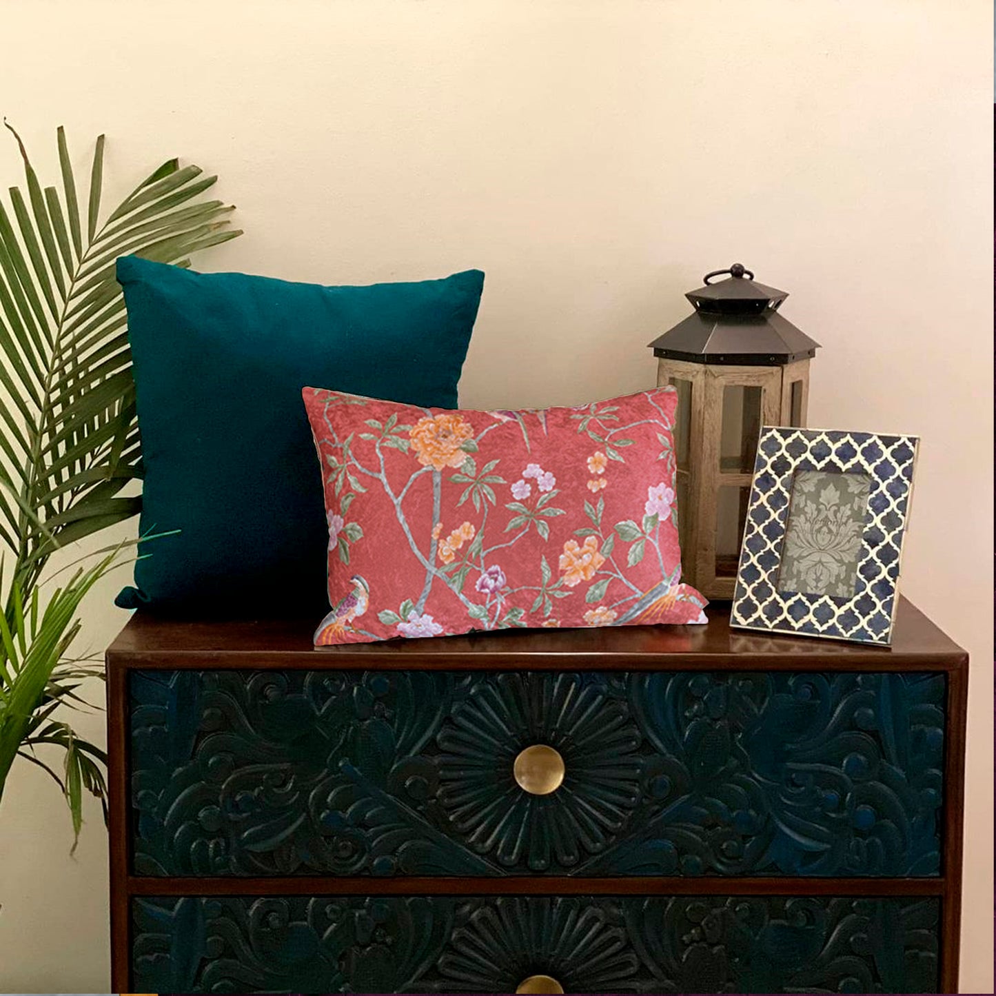 Blush Chinoiserie Crushed Velvet Cushion Cover