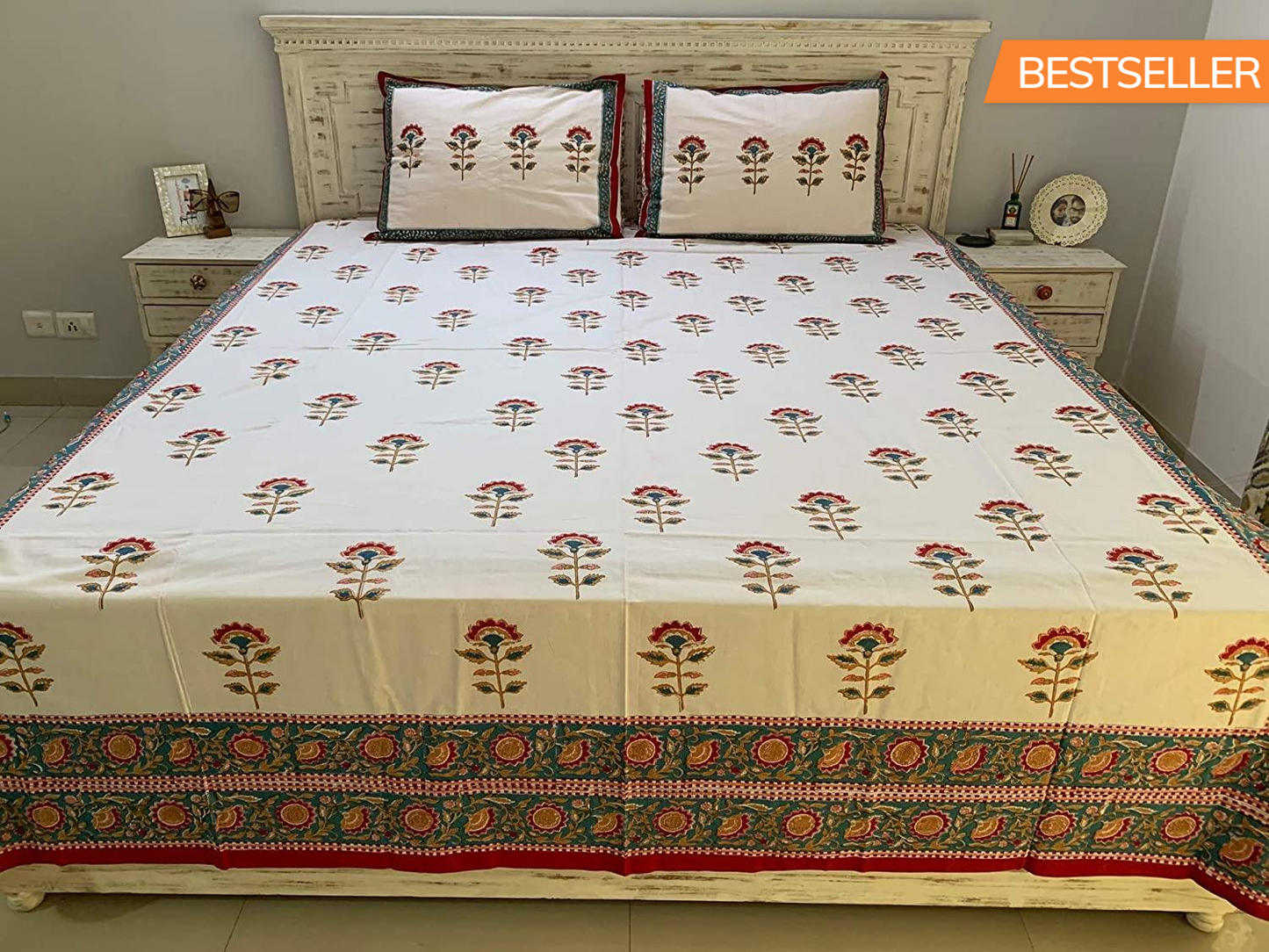 Nargis 100% Cotton Hand Block Print Red & White Bedsheet