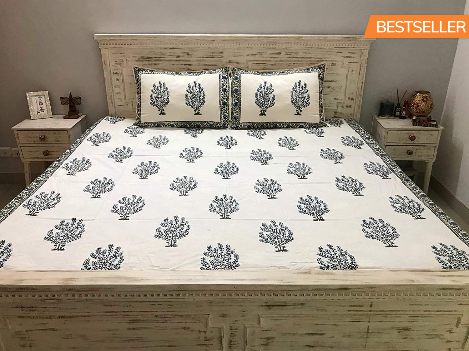 Panache Fine Cotton Pique Blockprint King Size Bedsheet 