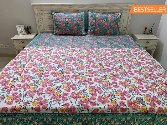 Gulmohar 100% Cotton Hand Block Printed Blue & White Reversible Bedding Set, King Size 